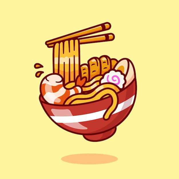 Free Vector ramen noodle udon with chopstick cartoon vector icon illustration food object icon concept isolated