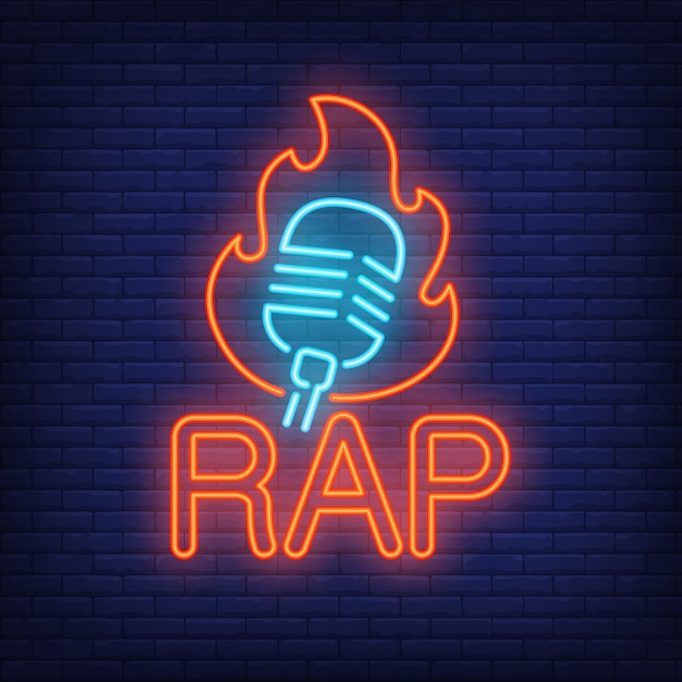 Rap neon word and microphone in flame outline. 