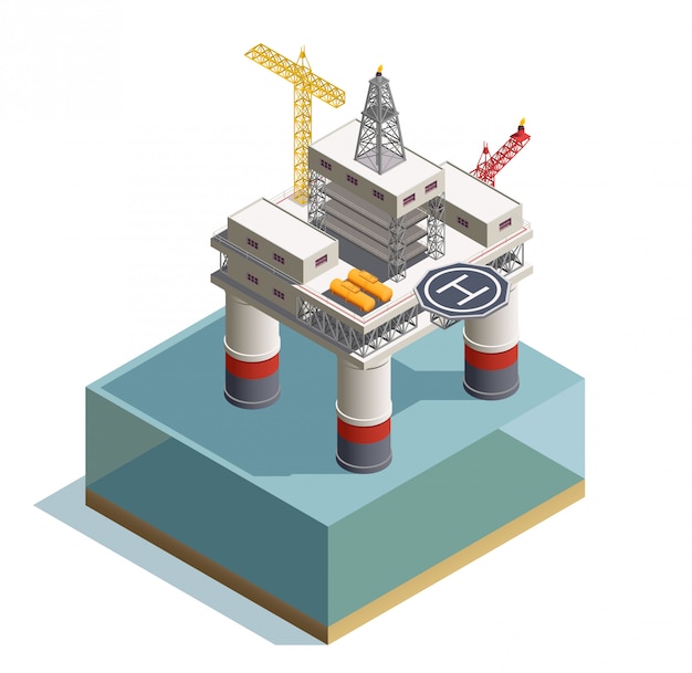 Raw oil extraction from under the sea bed deposits isometric composition with drilling rig platform illustration