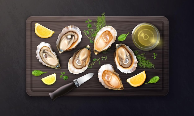 Free Vector raw oysters served on wooden plate with condiments and lemon realistic composition on dark background vector illustration