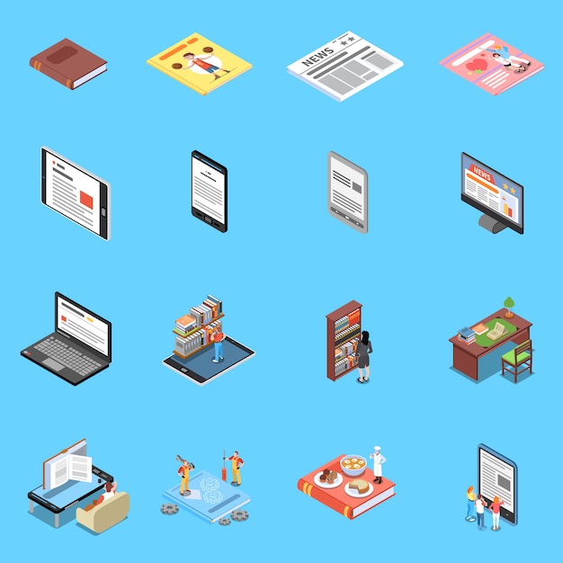 Reading and library icons set with modern technology symbols isometric isolated