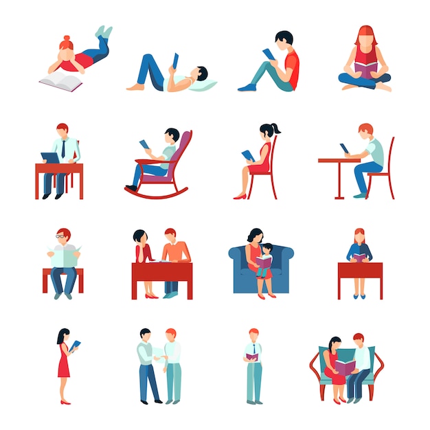 Free vector reading people flat character set