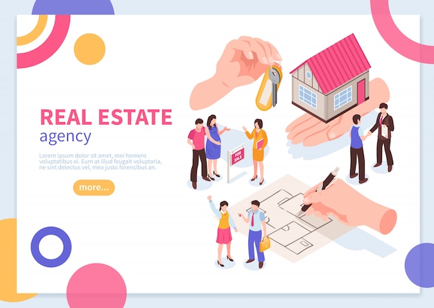 Free Vector real estate agency isometric concept of web banner template with colorful geometric elements  vector illustration