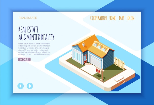 Real estate augmented reality isometric landing page with links and button more  illustration