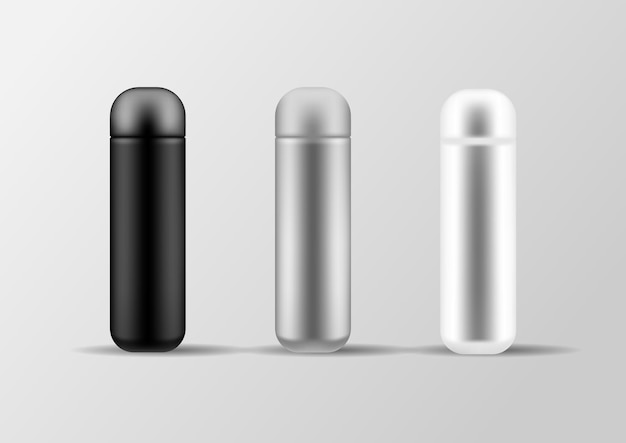 Free Vector realistic 3d black white and silver empty glossy metal vacuum thermo tumbler flask icon set closeup design template of packaging mockup for graphics