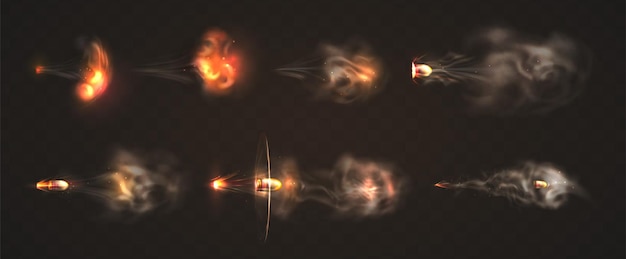 Free vector realistic 3d flying bullets with smoke trace and fire sparkles