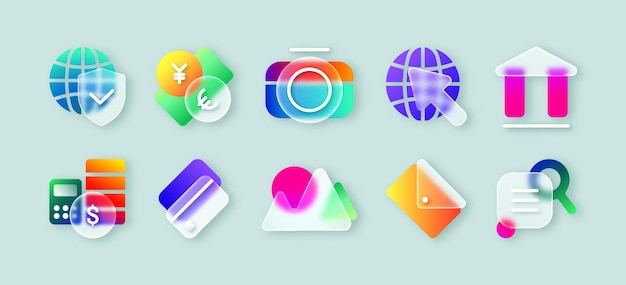 Free Vector realistic 3d glass morphism transparent ui icons for mobile app or website