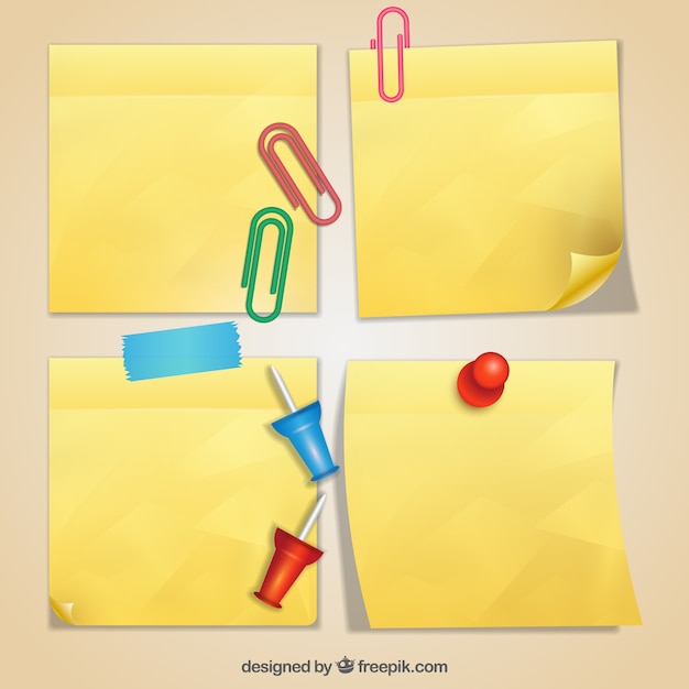 Free Vector realistic adhesive notes with clips and thumbtacks