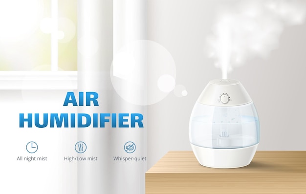 Free Vector realistic air humidifier ad poster with working device on table vector illustration