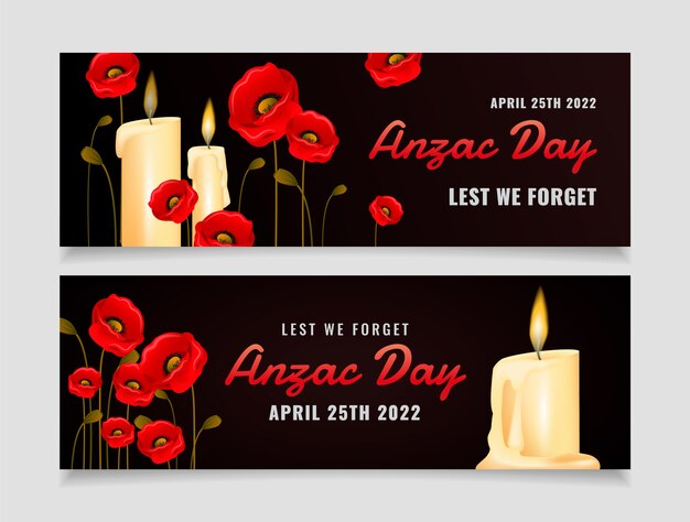 Realistic anzac day horizontal banners set