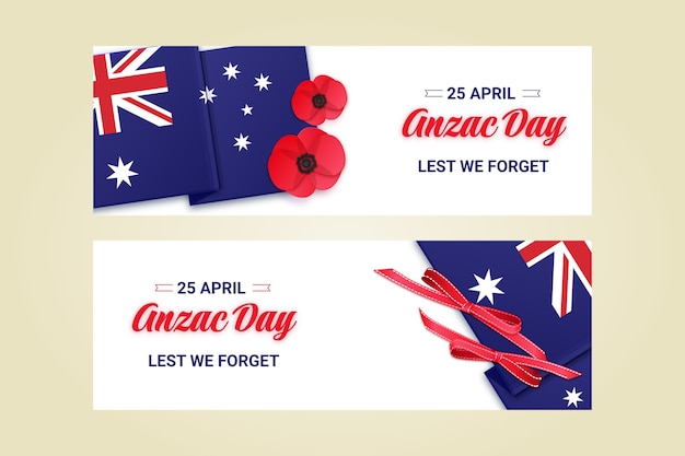 Realistic anzac day horizontal banners set