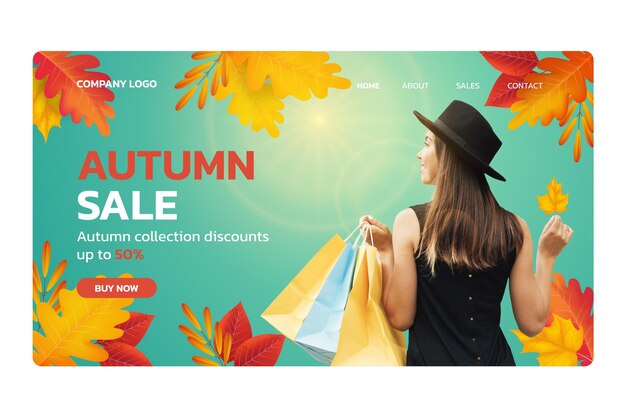 Realistic autumn sale landing page template with photo