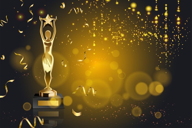 Realistic award with lights, golden confetti and trophy with figurine holding star illustration