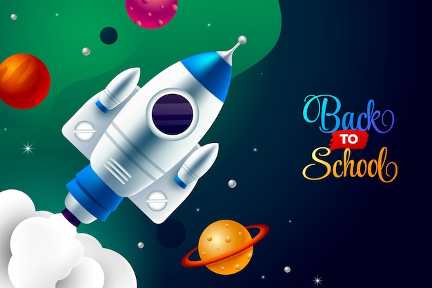 Realistic back to school background with rocket and planets