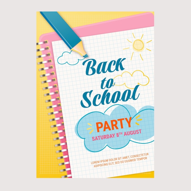 Realistic back to school party poster template with notebook and pencil