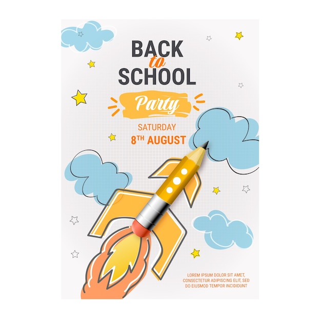 Free Vector realistic back to school party poster template with rocket and pencil