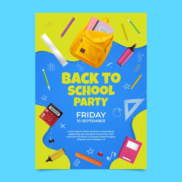 Realistic back to school party poster template with school supplies