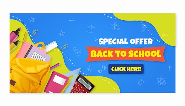 Realistic back to school sale horizontal banner template with supplies