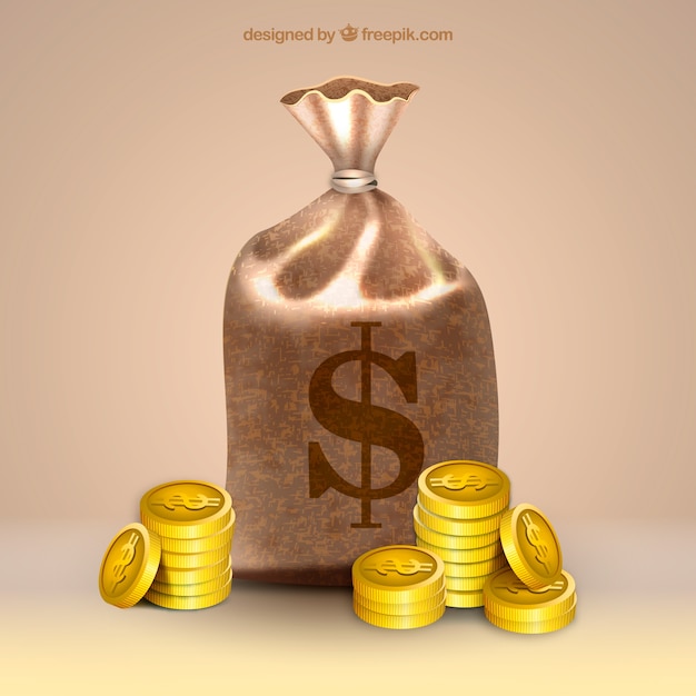 Realistic background of money bag and coins