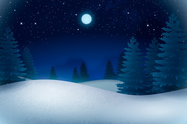 Free Vector realistic background for winter season with forest at night