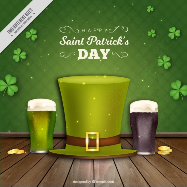 Free Vector realistic background with beers and hat for st patrick's day