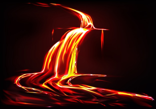 Free Vector realistic background with lava river, flow of liquid fire in dark. 