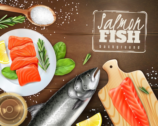 Realistic background with raw salmon with different herbs on wooden table