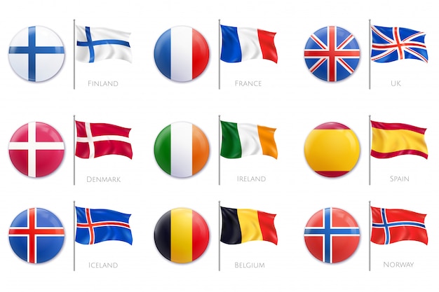 Free Vector realistic badge flag icon set with different colors of flags on plastic badges  illustration