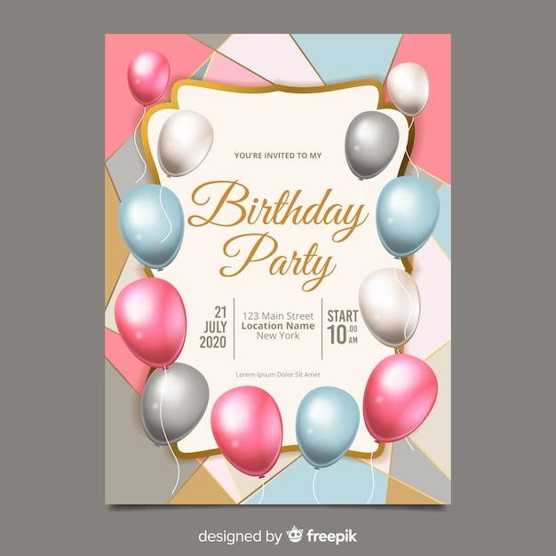 Free Vector realistic balloons birthday invitation template