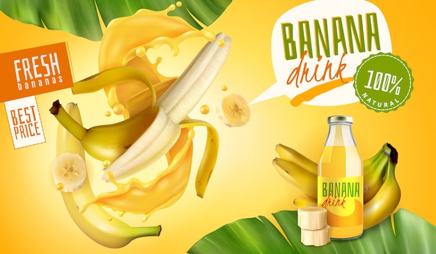 Realistic banana juice packaging ads  with thought bubbles and editable text with fruits and leaves