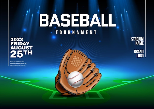 Free Vector realistic baseball tournament poster template with glove and ball on green and blue background vector illustration