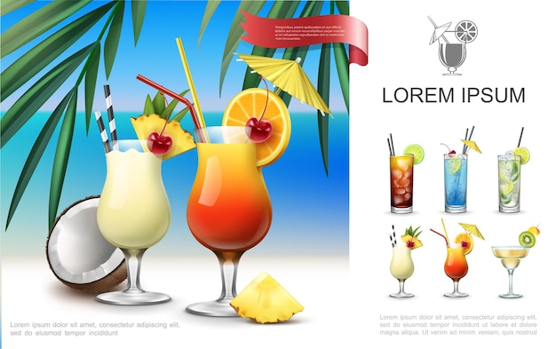 Realistic beach party composition with pina colada tequila sunrise blue lagoon martini margarita mojito cocktails on sea landscape  illustration