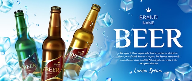 Realistic beer promo template with ice cubes