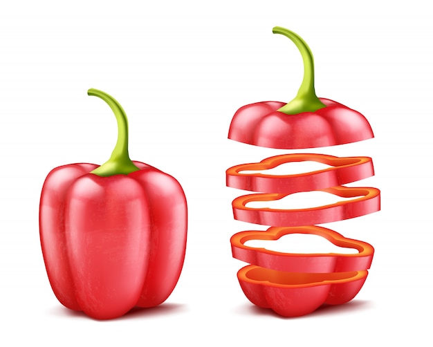 Realistic bell pepper or bulgarian, whole and sliced, isolated on background.