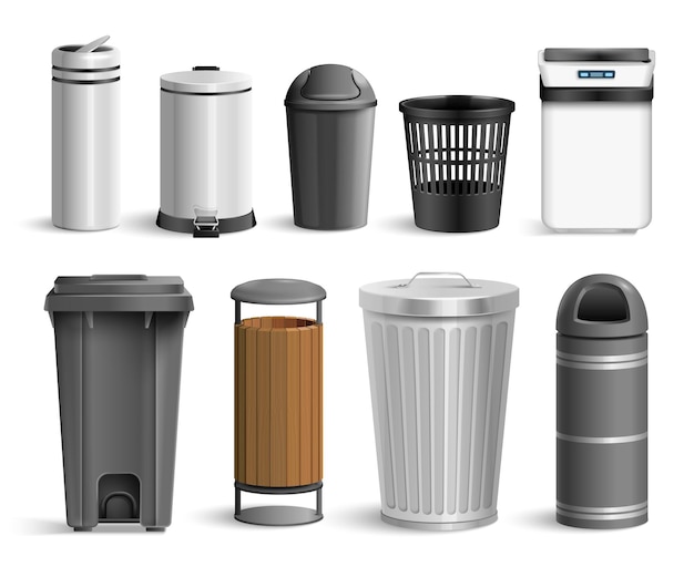 Free Vector realistic bin trash bucket set with isolated images of various waste containers for different use situations vector illustration