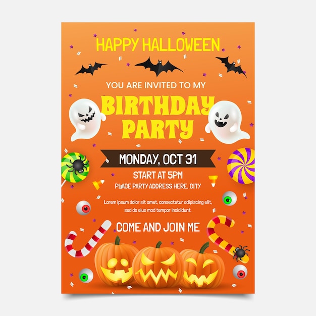 Realistic birthday invitation template for halloween celebration