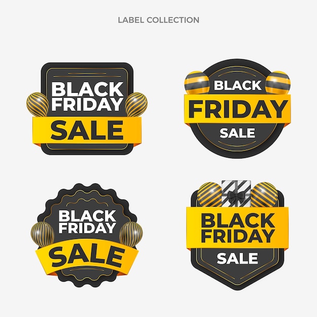 Realistic black friday labels collection with black and gold balloons