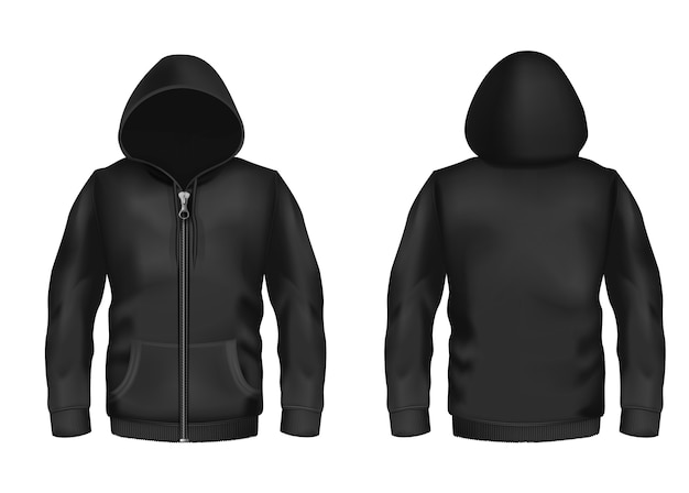 Free Vector realistic black hoodie with zipper, with long sleeves and pockets, casual unisex model