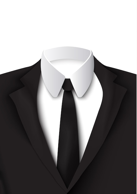 Free Vector realistic black suit object on the white  with cotton shirt, strict and elegant tie colored as jacket isolated