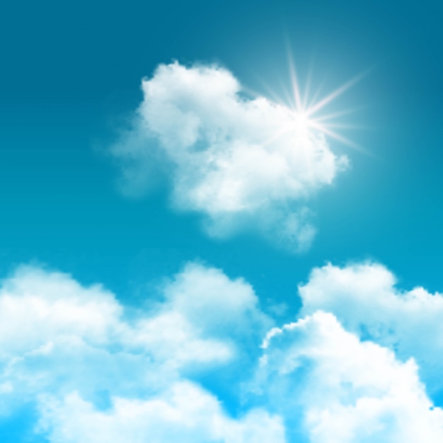 Realistic blue sky with clouds composition rays of sun peek out from behind the clouds