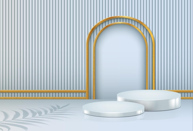 Free Vector realistic blue vector background display stand podium with arch in gold minimalistic style