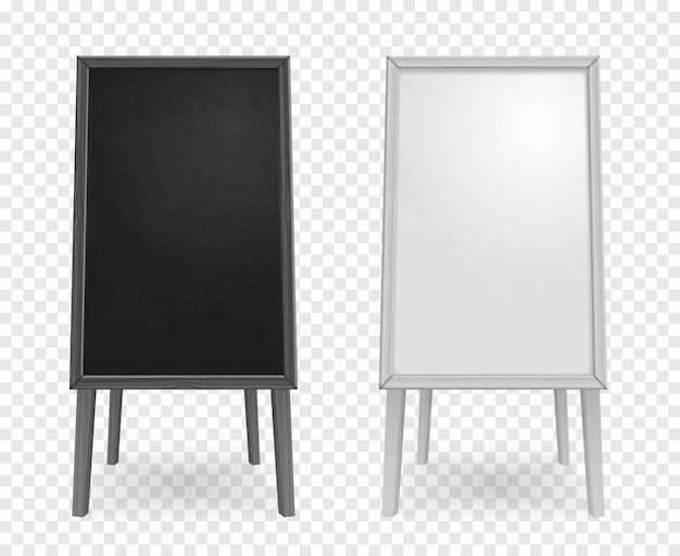 Free Vector realistic boards for education on four legs with black and white blank screens on transparent background isolated vector illustration