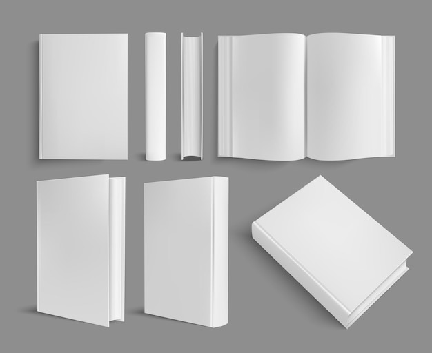 Free vector realistic book mockup template with various side views of open and closed books with empty pages vector illustration