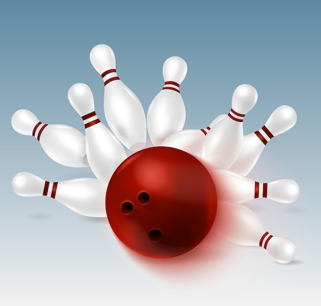 Realistic bowling composition with images of ball strike and falling pins with shadows on white background illustration