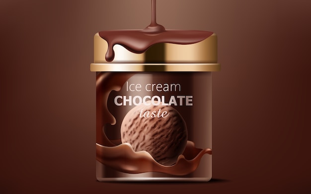 Free Vector realistic box of chocolate ice cream with liquid pouring from top on it