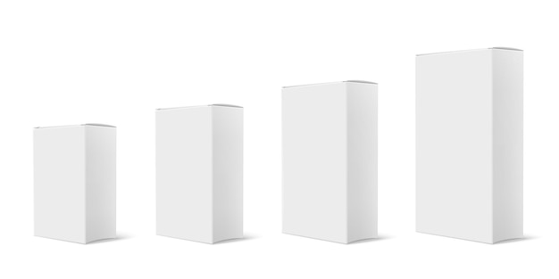 Free Vector realistic box mockup set with isolated images of four similar scaled white boxes of different size vector illustration