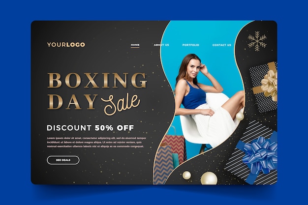 Realistic boxing day sale landing page template