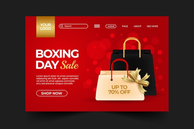 Realistic boxing day sale landing page template