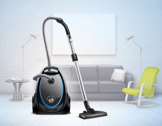 Realistic bright electrical vacuum cleaner with telescopic suction pipe in a living room