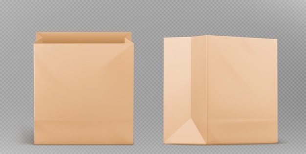 Realistic brown paper bag mockups isolated on transparent background Vector illustration of open craft package with blank surface ready for branding eco wrap for takeaway food lunch meal snack